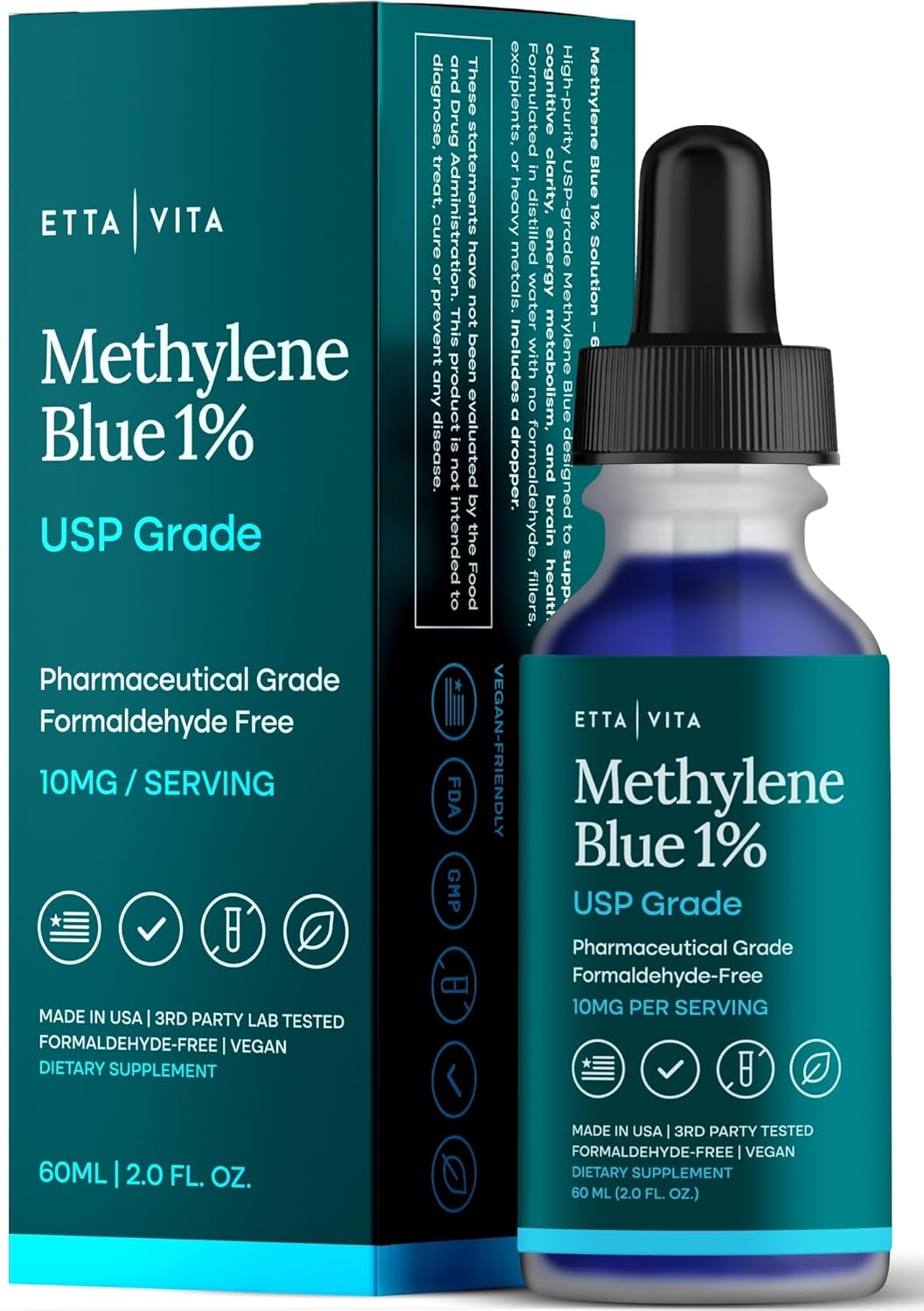 Methylene Blue Drops - USP Pharmaceutical Grade 99.99% Pure 1% Solution for Energy, Focus, Clarity, Cognition & Cellular Support - 3rd Party Tested, Formaldehyde-Free, Made in USA, 2oz Tincture