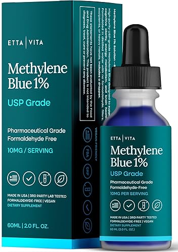 Suplemento de gotas azul de metileno – Grado farmacéutico USP 99.99% puro 1% solución para energía, enfoque, claridad, salud cerebral y apoyo
