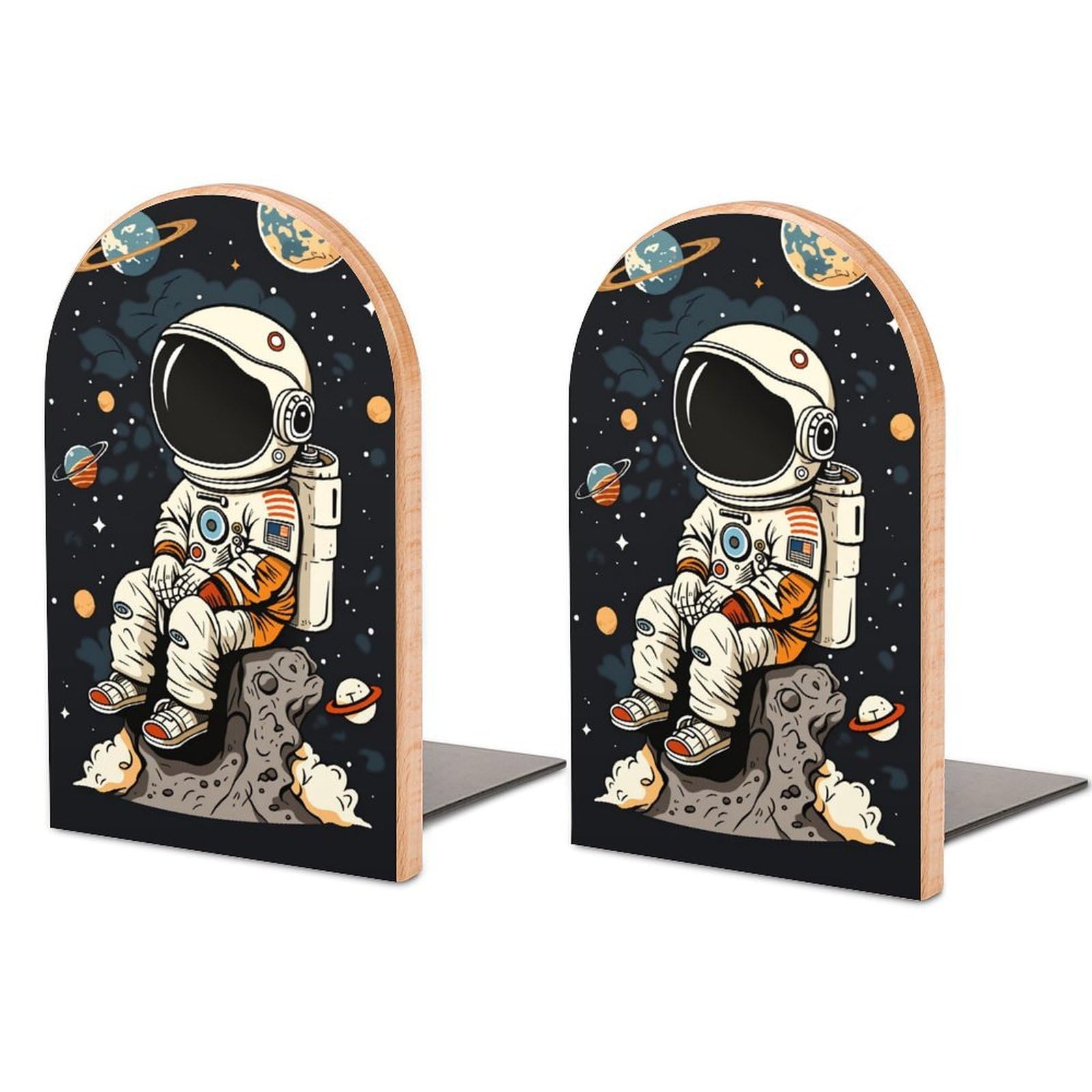 Astronaut Solid Beech Wood Bookends, Decorative Book Ends for Shelves, Non-Skid Desktop Book Organizer for Home Office, Library Decor (1 Pair, 4.7" X 6.7")