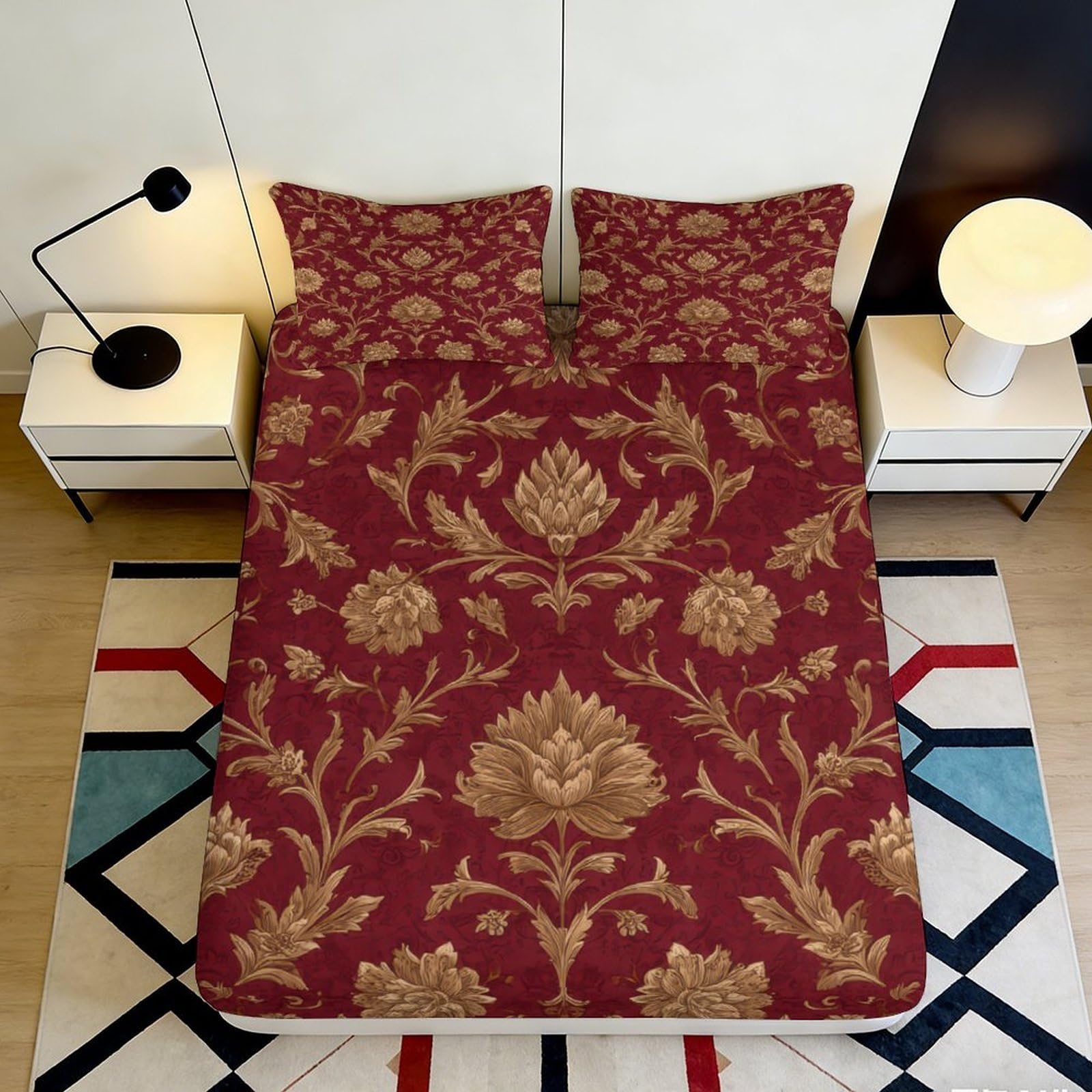 3D Printed Vintage Floral Fitted Sheet Microfiber Anti-Slip Burgundy Baroque Mattress Cover for Bedroom Guest Room Easy Care 140x200x25cm