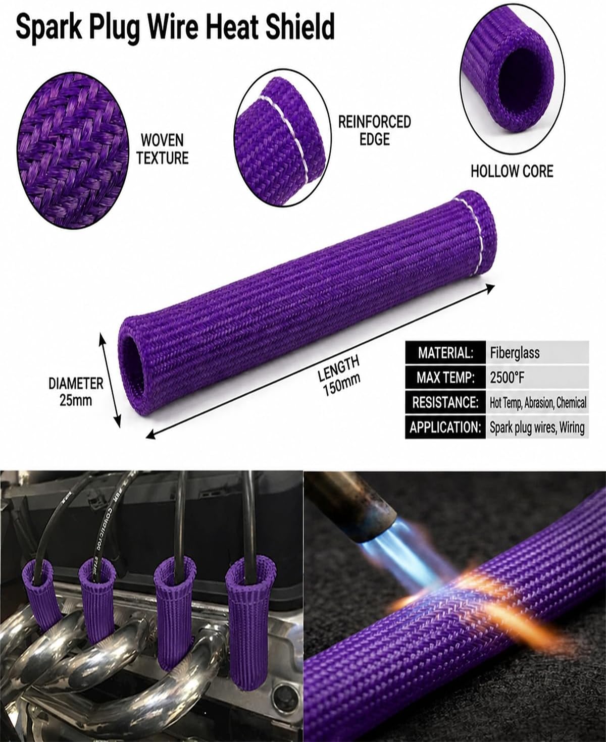 Spark Plug Wire Cover Replacement - 8 PCS 2500° Spark Plug Heat Sleeve, 6 Inches Spark Plug Wire Heat Shield Boots Protector Protection for LS1 / LS2 SBC BBC 350 454 Car Truck, Purple