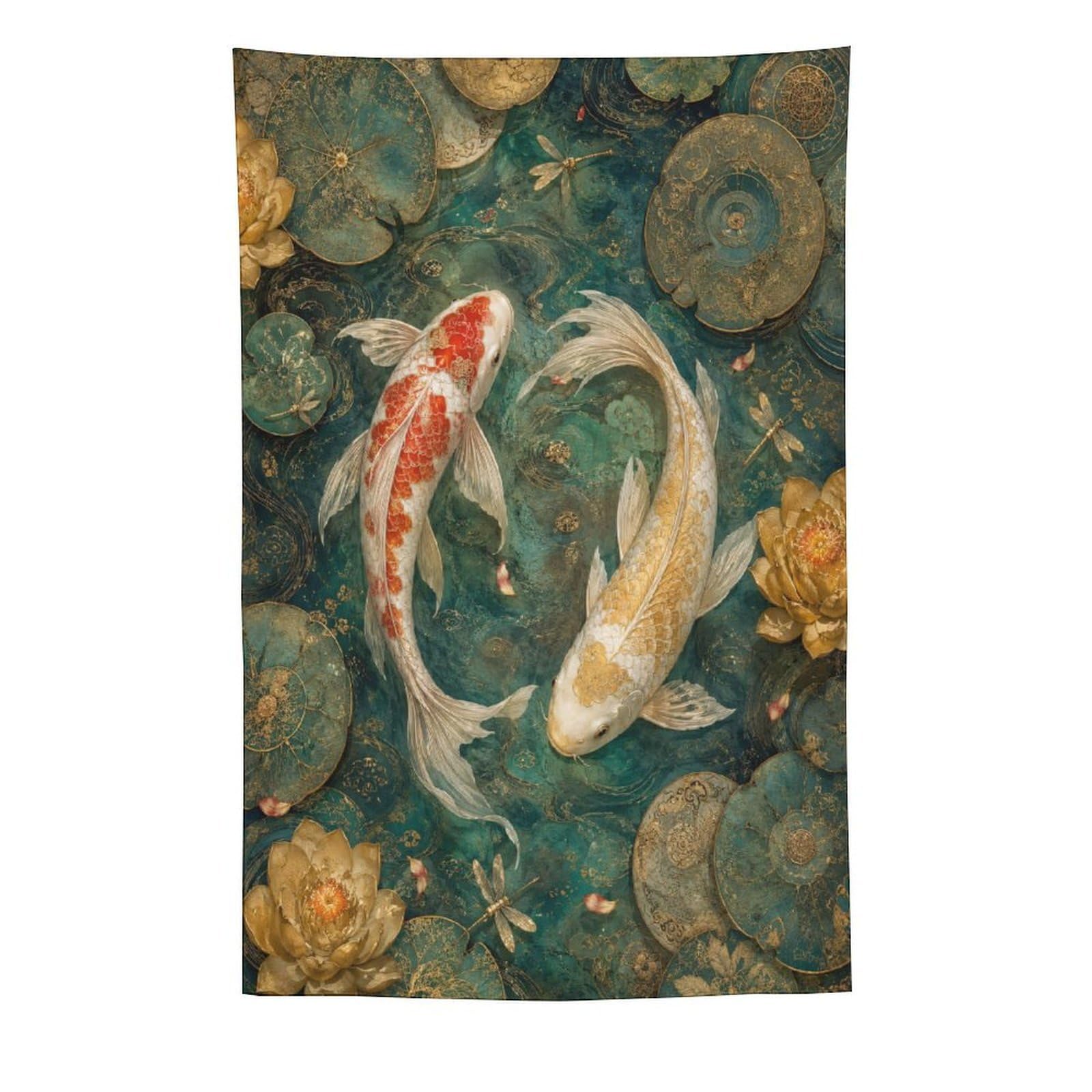 H3B8U2Y5 Koi Fish Floral Wall Tapestry, Watercolor Style, Zen Water