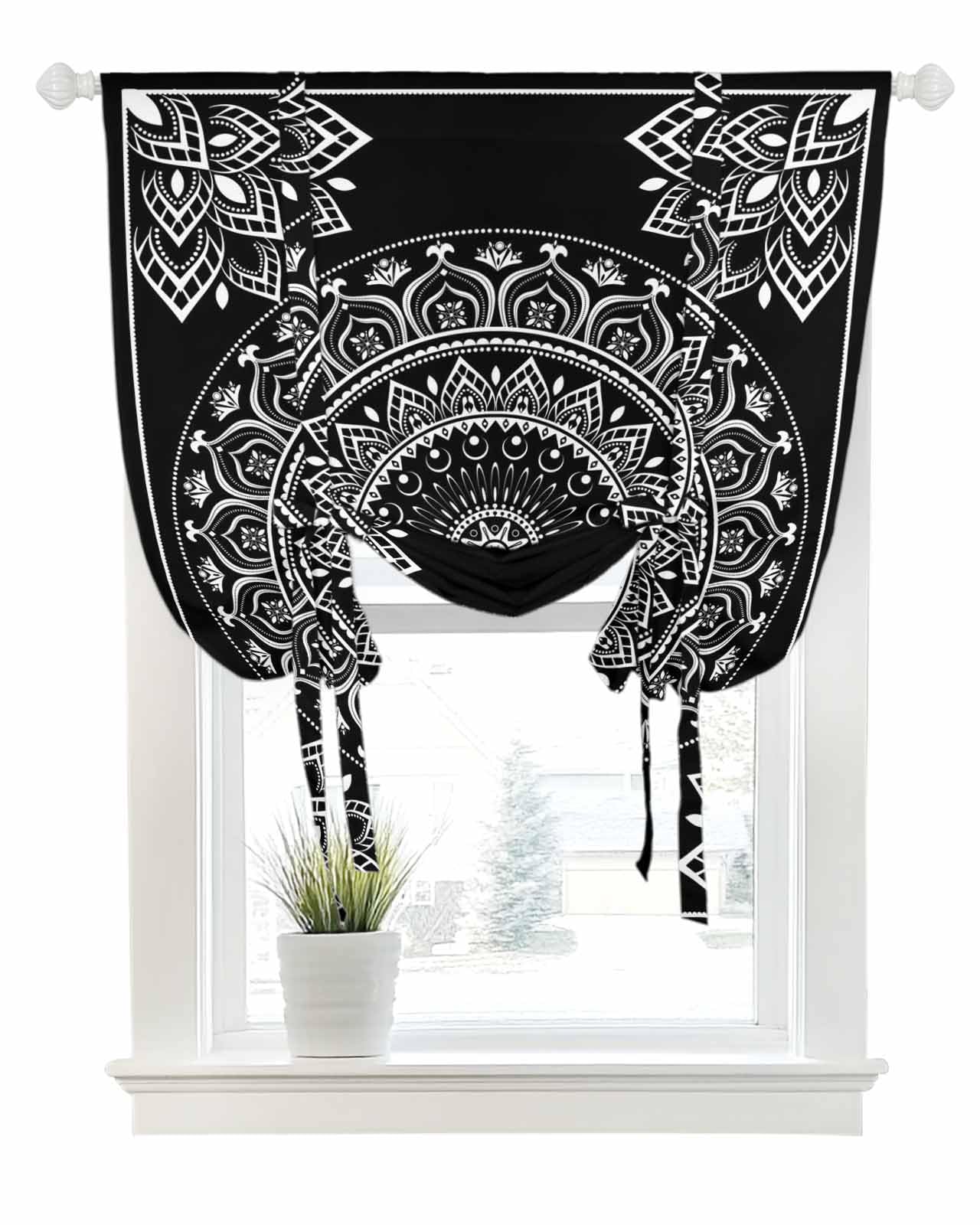 Tie Up Curtains for Windows Retro Bohemian Pattern Rod Pocket Tie-Up Window Shade Adjustable Balloon Curtain Valance Gray Monochrome Boho Art for Bedroom Kitchen Bathroom Blinds,34x45in