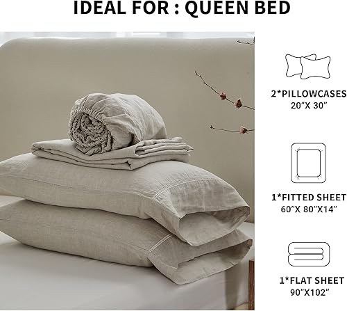 Miniatura 5 de Simple&Opulence Juego de sábanas de 100 % lino europeo transpirable de 4 piezas con sábana bajera de 14 pulgadas, 1 sábana encimera y 2 fundas de