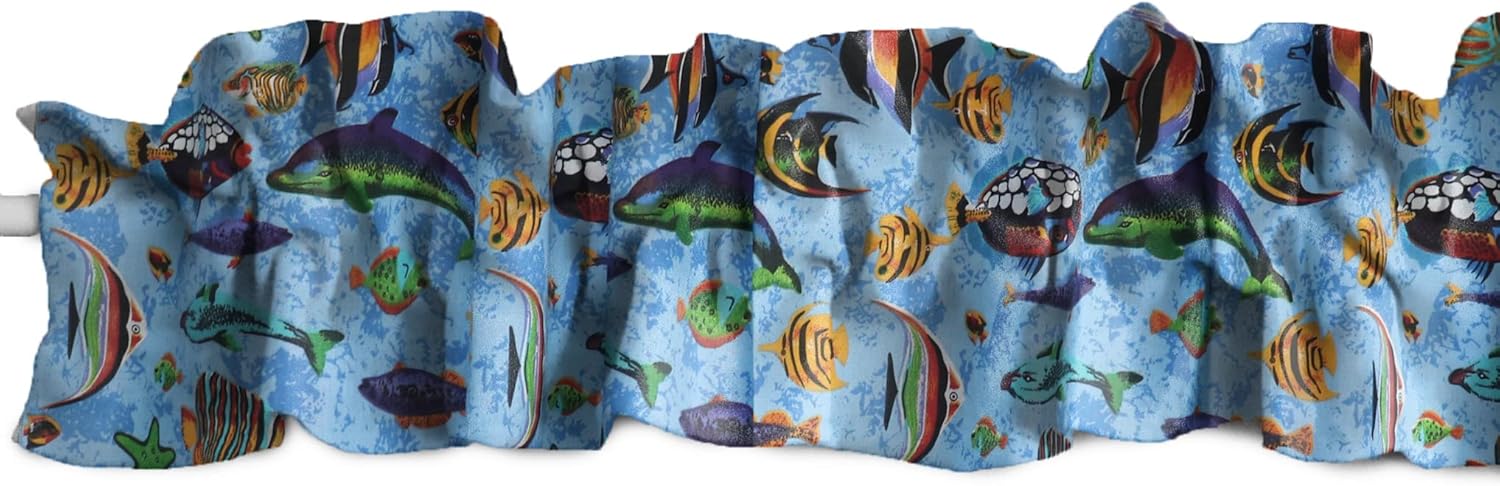 Zen Creative Designs Cotton Fish Print Sleeve Topper Window Valance Top Bottom Ruffle Animal Print Home Décor Bedroom Nursery Kitchen Window (144" Wide x 9" Tall, Light Blue)