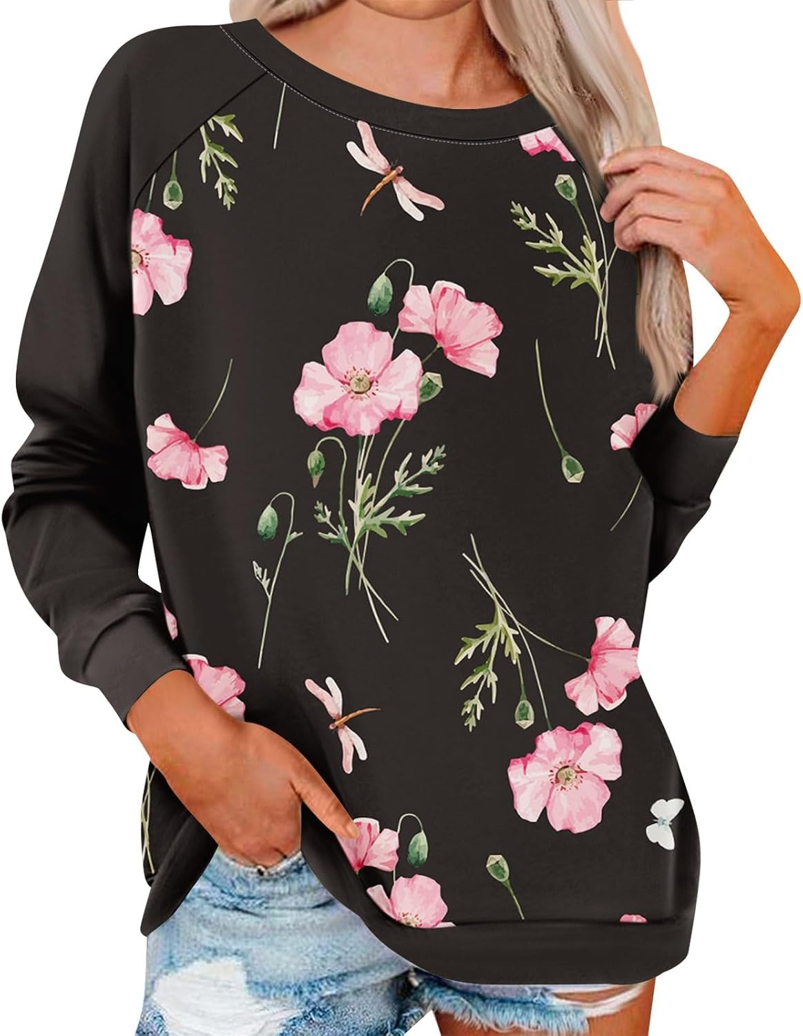 Women's Sweatshirt, Crewneck Long Sleeve Floral Tops Casual Pullover 2026 Spring Outfits Clothes, S-3XL
