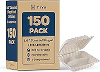 Vista 1 de TIYA - Recipientes de comida Clamshell color blanco, paquete de 150 unidades, 8 x 8 pulgadas, recipientes para llevar, plástico para microondas