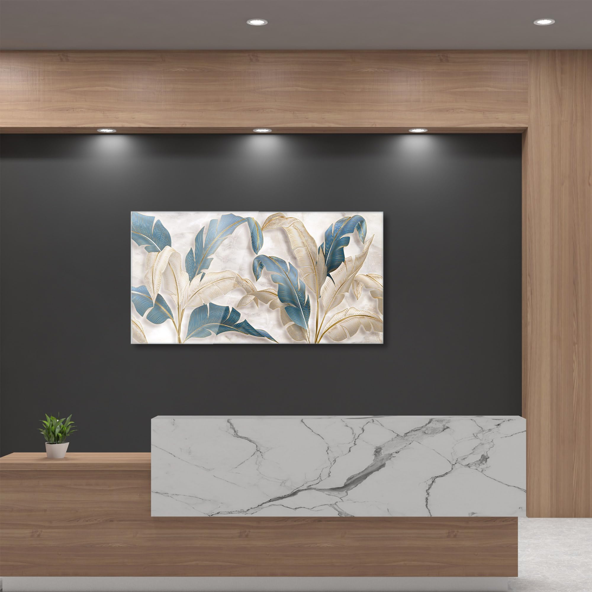 Quadro su Vetro 73x139 cm Stampe da Parete in Vetro LEAVES WHITE BLUE BEIGE