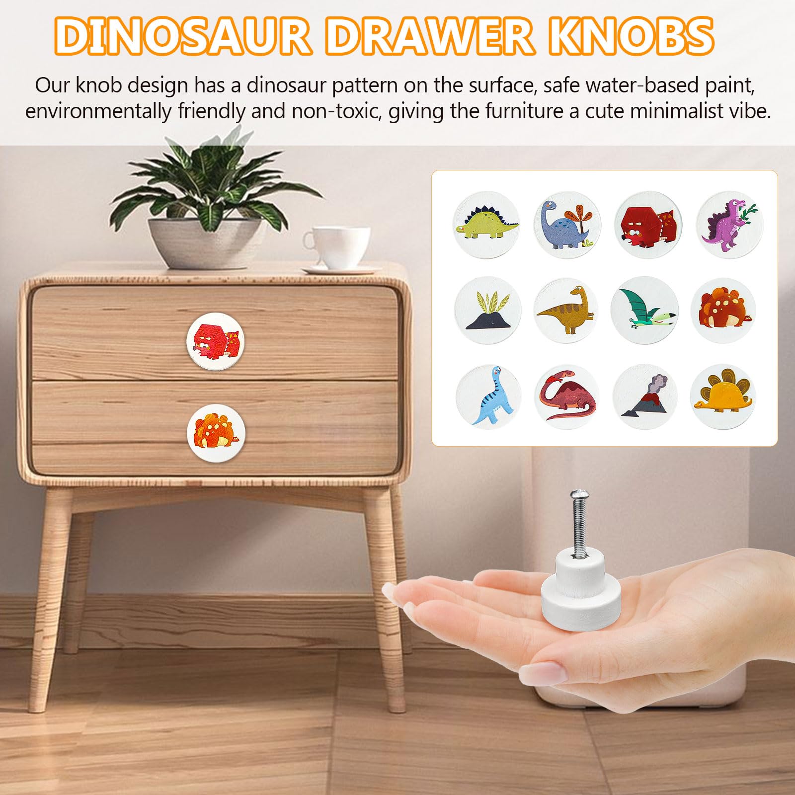 12 Pièces Bouton Tiroir de Meuble Bois, Rond, Motifs Dinosaures, Blanc pour Placards, 30 mm avec Vis, Chambre D'enfant (1)