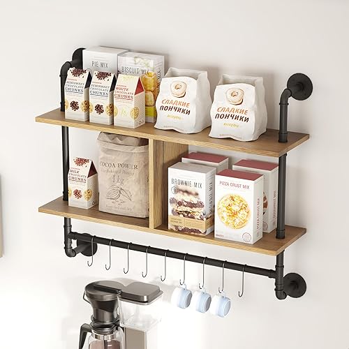 Miniatura 2 de MAIKAILUN Estantes flotantes de tubería, estante de barra de café con 9 ganchos ajustables para tazas, utensilios de cocina o toallas para cocina,