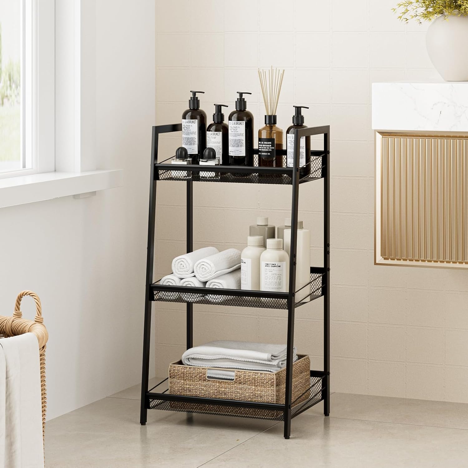 Masupu 3 Tier Bathroom Shelf, Bathroom Organizer and Storage for Small Space, Free-Standing Metal Rack Shelves Waterproof for Kitchen, Bathroom, Laundry, Toilet, Black