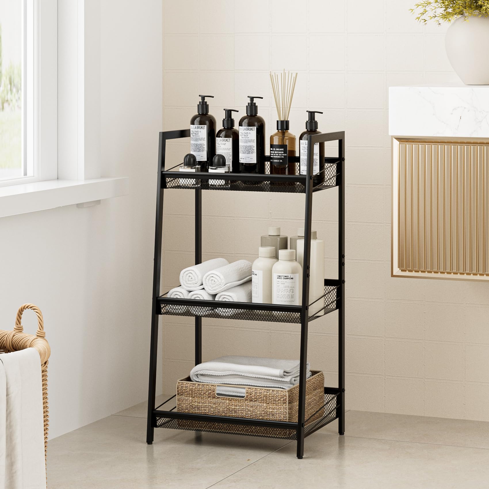 Apetaccat 3 Tier Bathroom Ladder Shelf, Metal Bathroom Storage, Black