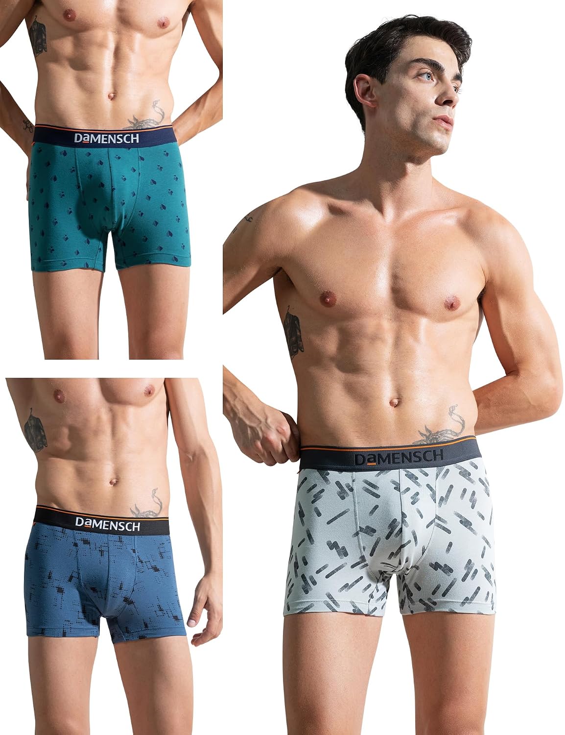 DAMENSCH Men's Cotton Blend Trunks (Pack of 3) (DAM-CTP-T-CMT-SOG-NVP-PACK-3-L_Check & Mate Teal, Stroke Grey, Navy Pixels_L)