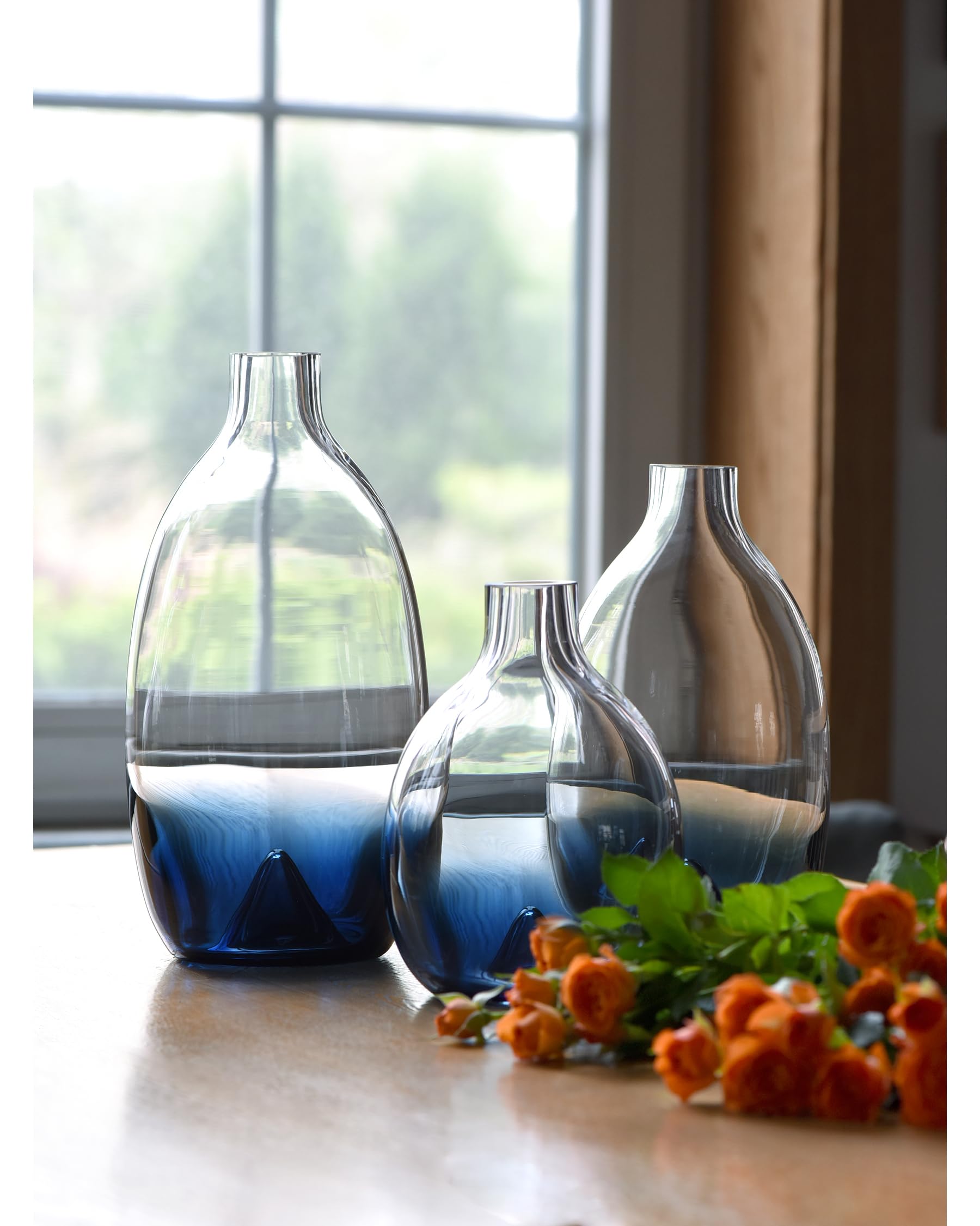 CONVIVA Juego de 3 jarrones de cristal para mesa, jarrones de flores de cristal modernos, azules, decorativos, decoración de habitación, sala de estar, comedor, boda, fiesta, evento, mesa