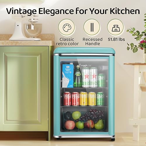 Miniatura 2 de Refrigerador retro de 3.4 pies cúbicos para bebidas pequeñas con puerta de vidrio templado doble, 120 latas de vino y cerveza, mini refrigerador