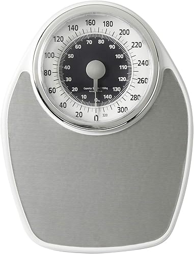 Báscula de baño analógica de metal con esfera grande con alfombrilla plateada, medidas precisas de peso corporal de hasta 330 libras, pantalla