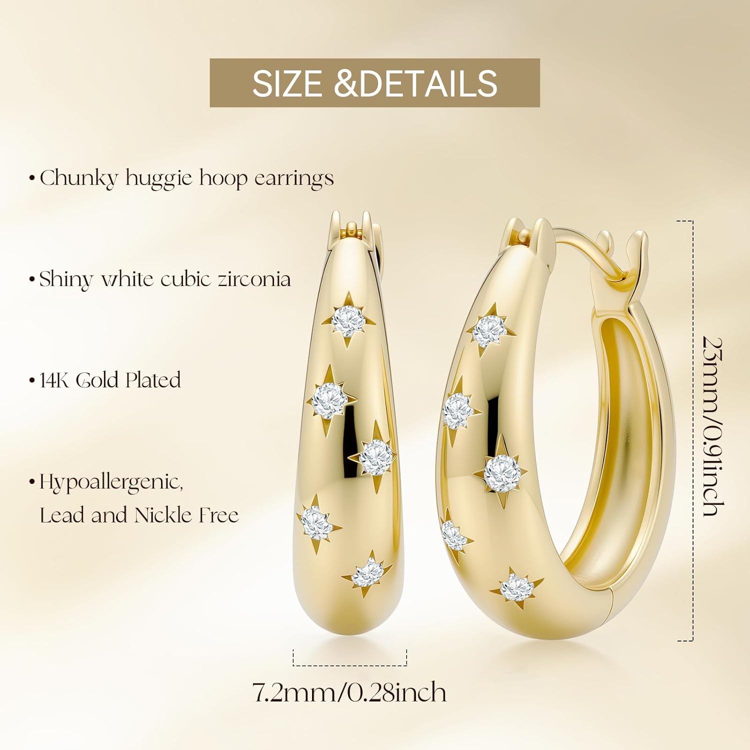 Gold Hoop Earrings for Women 14K Gold Earrings for Women Hoop Earring for Women Hoops with Cubic Zirconia Star Design Radiating Enchanting Sparkle Chunky Hoops Earring for Women Trendy 23mm - Image 4