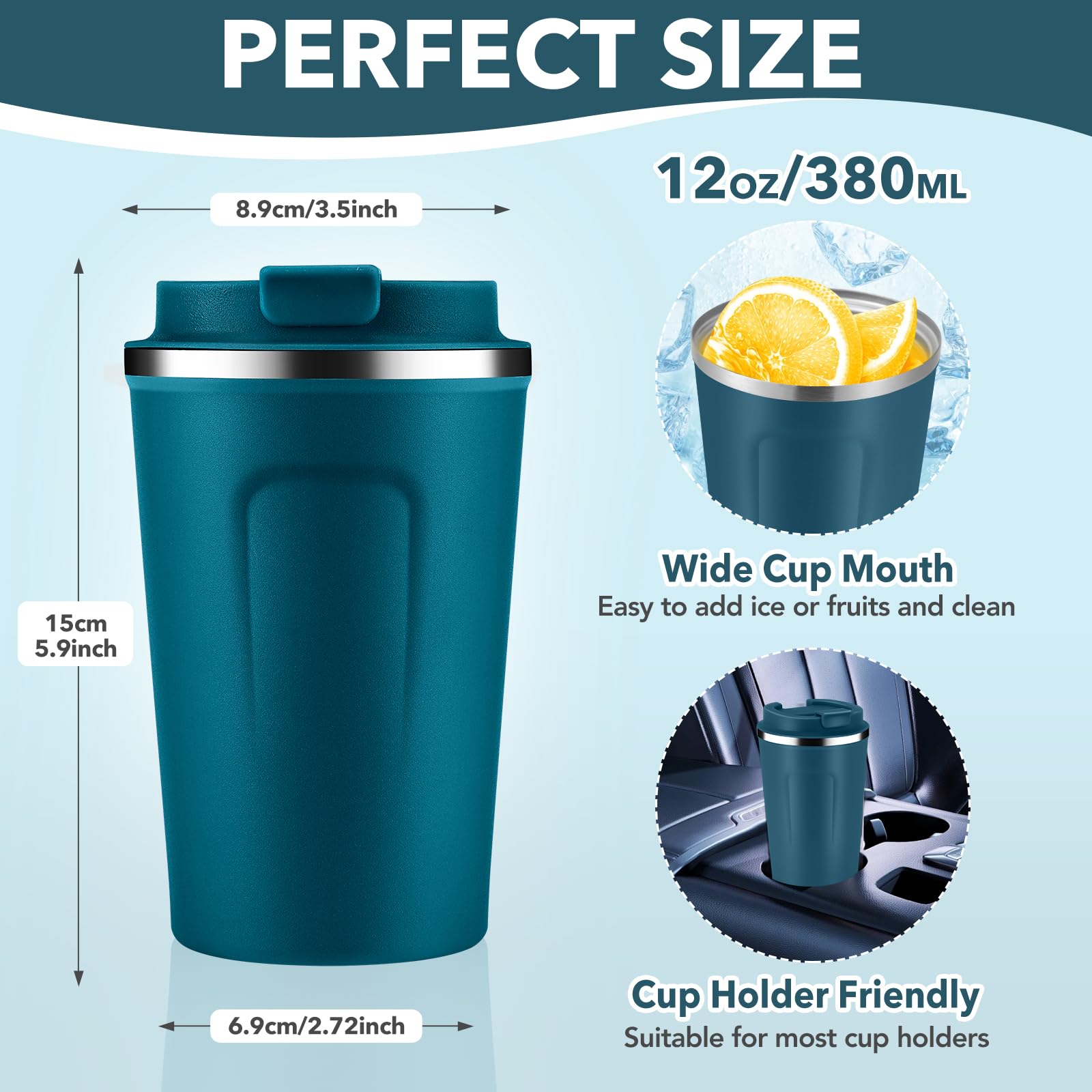 Volhoply 340ml 12oz Double Wall Insulated Vacuum Travel Coffee Mugs with Flip Lid Bulk 2 Pack,Reusable Stainless Steel Leak Proof Coffee Cup,Cafe Thermal Tumbler for Hot & Cold Drinks(Bule,2 Set) - Image 2