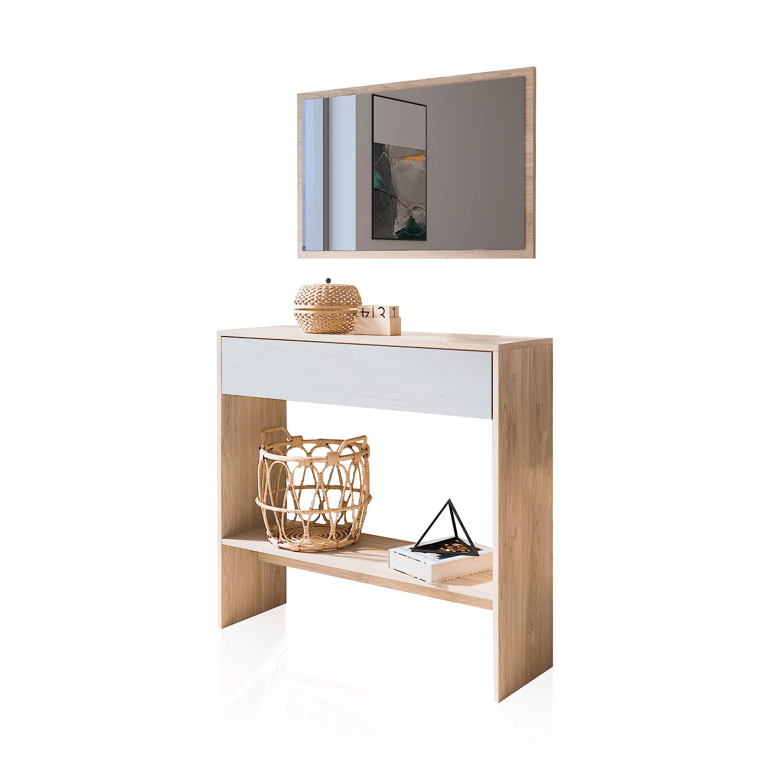 duehome | Recibidor con Cajon y Espejo, Mueble de Entrada, Mueble Auxiliar, Acabado en Tofe y Andersen, Modelo Aros, Medidas: 91,5 cm (Largo) x 27,9 cm (Fondo) x 85 cm (Alto)