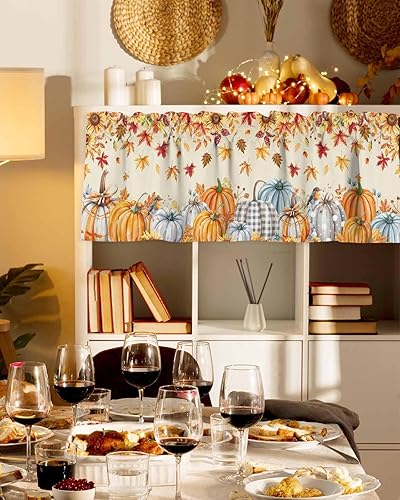 Miniatura 10 de Cenefas de cortina de otoño con diseño de calabazas azules, naranjas y grises, para ventanas y sala de estar, cenefas botánicas de Acción de Gracias