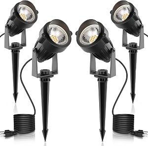 L LOHAS LED Landscape Lighting Outdoor, Spotlights for Yard Pathway Garden IP66 Waterproof, Dusk to Dawn Light Sensor, 120V 5W 450LM Yard Flood Light with 3-Plug, 3000K Warm White, UL Listed, 4Pack