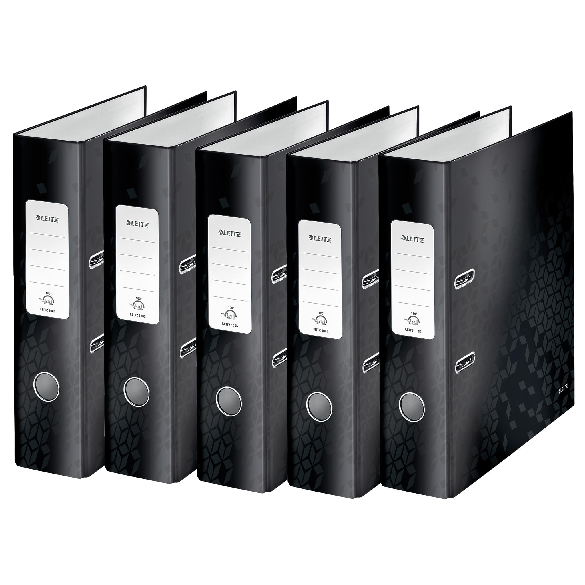 Leitz 10054095 Quality Folder 180° Pack of 5 A4 8 cm Spine Width Laminated Grey Board Black Wow Series Design May Vary