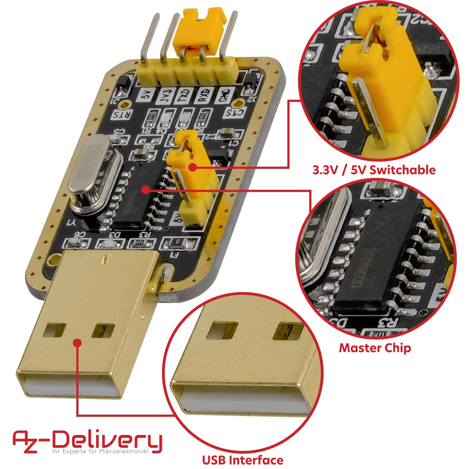 AZDelivery 3 x UART-TTL USB Adattatore con Convertitore CH340G 3.3V e 5V con Cavo Jumper compatibile con Arduino incluso un E-Book!