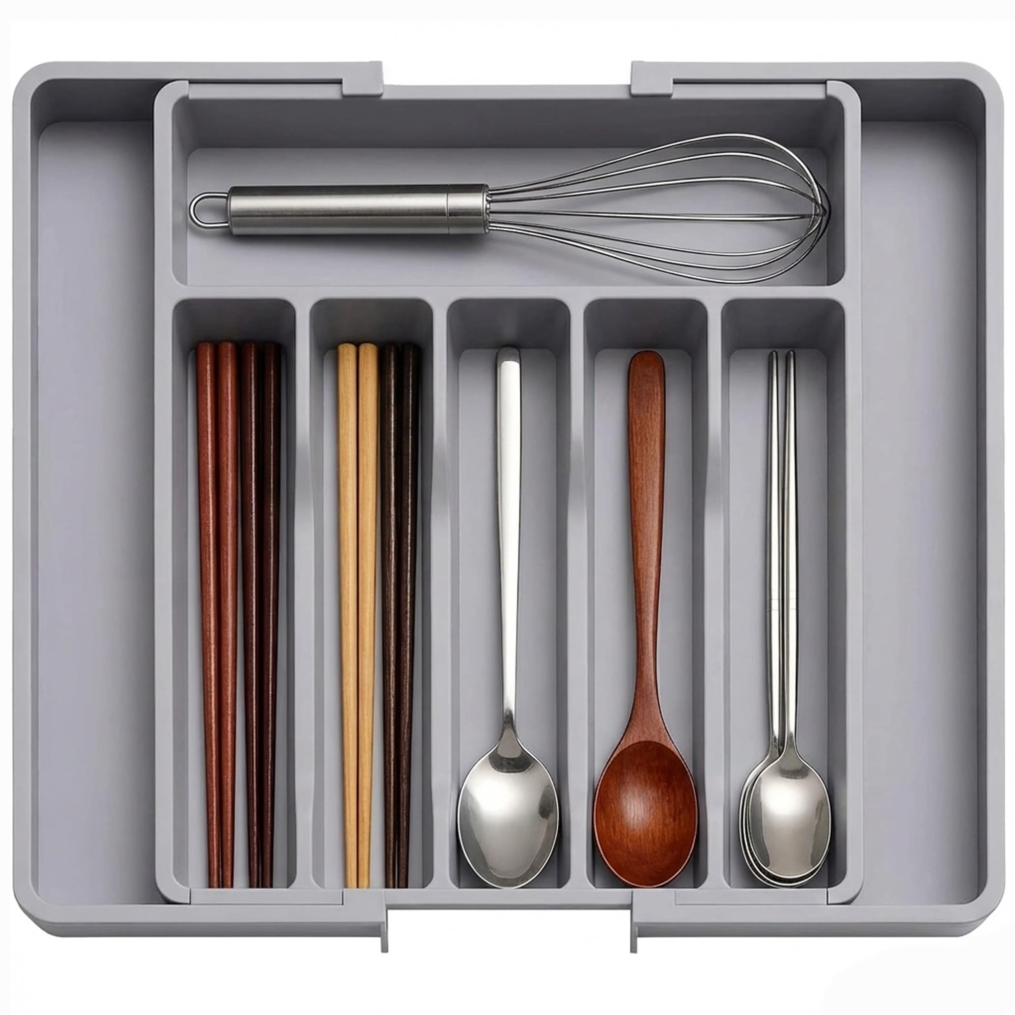 DDUP Expandable Cutlery Drawer Organizer – 37.5cm Wide, Adjustable Length (34-57cm), 8-Section Kitchen Drawer Divider, Multi-Purpose PP Material Storage Tray (Grey)