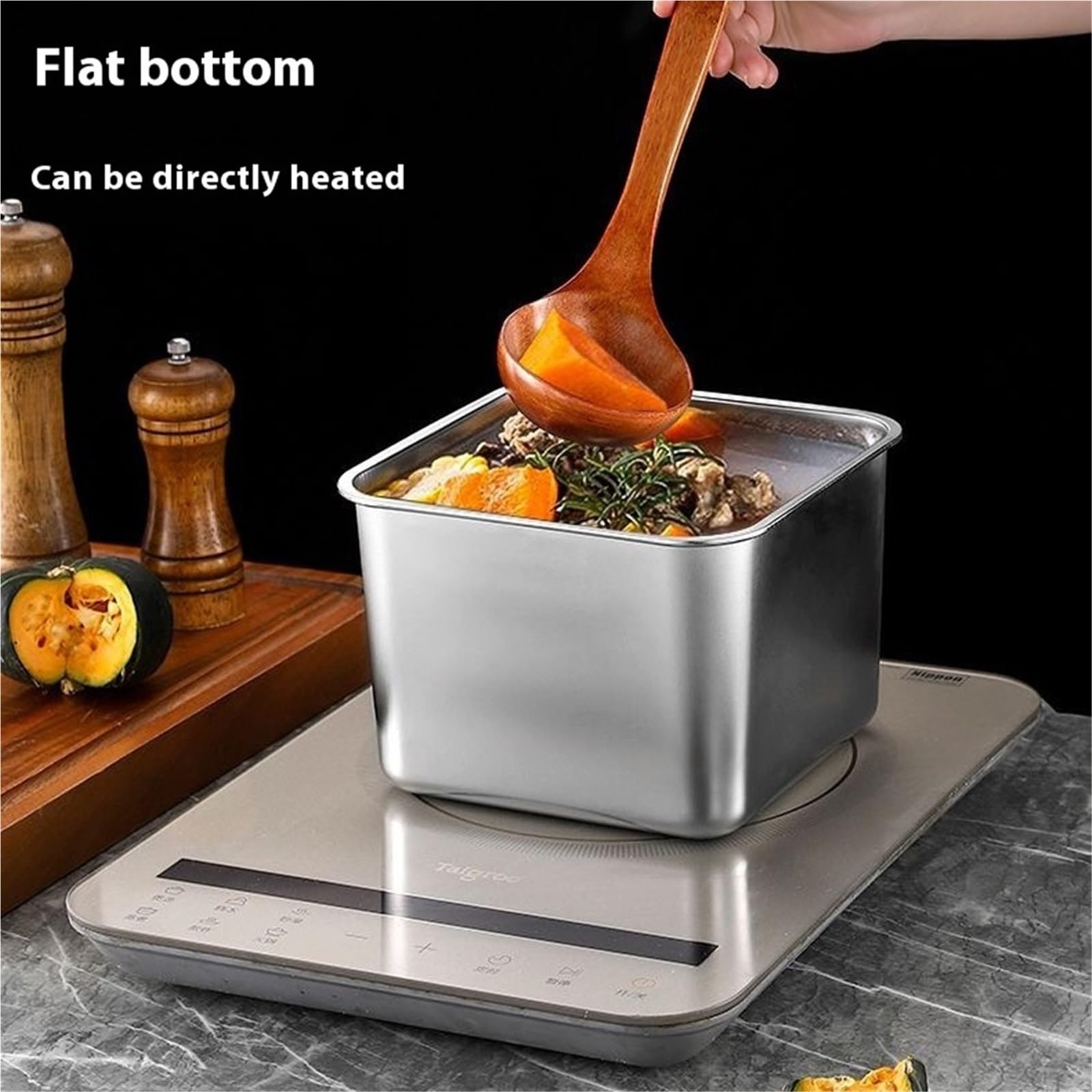 BoîTe De Conservation En Inox Bac à légumes carré en acier inoxydable avec couvercle, réfrigérateur sous vide, boîte épices hermétique, lunch chauffante(Steel cover,16cm)