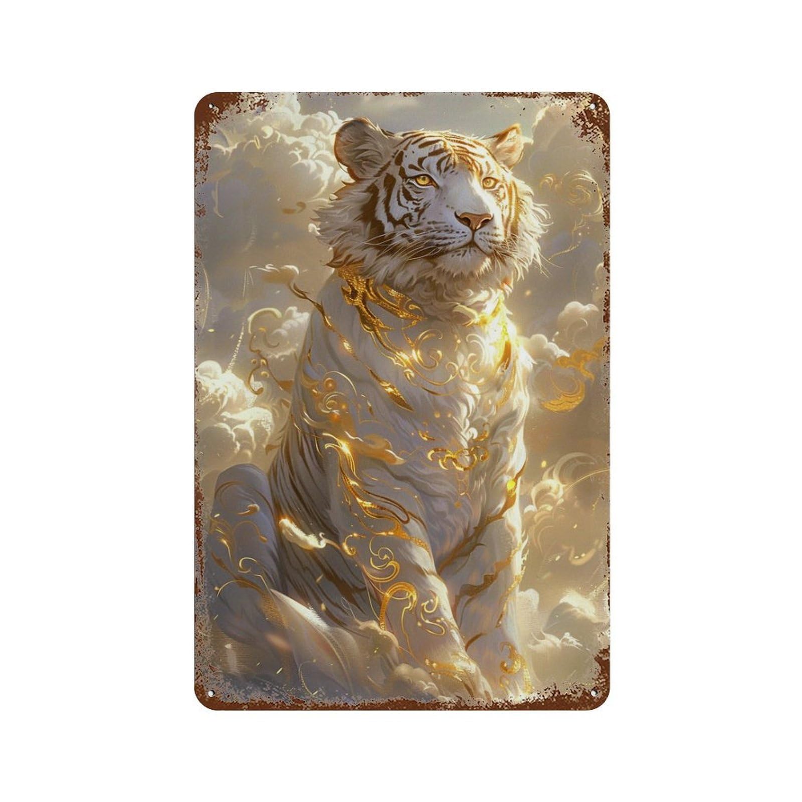 Rust Effect Golden Tiger Fantasy Artwork Retro Metal Sign 11.8"x7.9", Novelty Wall Decor for Bistro, Counter And Cafe Decor