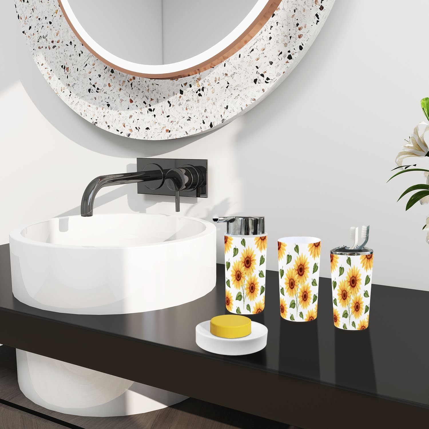 Bathroom Accessory Set 6 Piece Boho Sunflower Seamless Yellow Summer Floral White Repeating Trash Can, Toothbrush Holder, Soap Dispenser, Soap Dish, Toothbrush Cup, Toilet Brush Holder