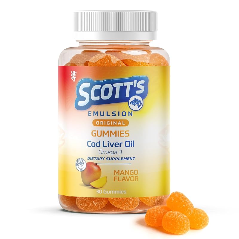 SCOTT'S EMULSION Suplemento de Ômega 3 com Óleo de Peixe, DHA e Ferro para Crianças, sabor manga, 30 gomas