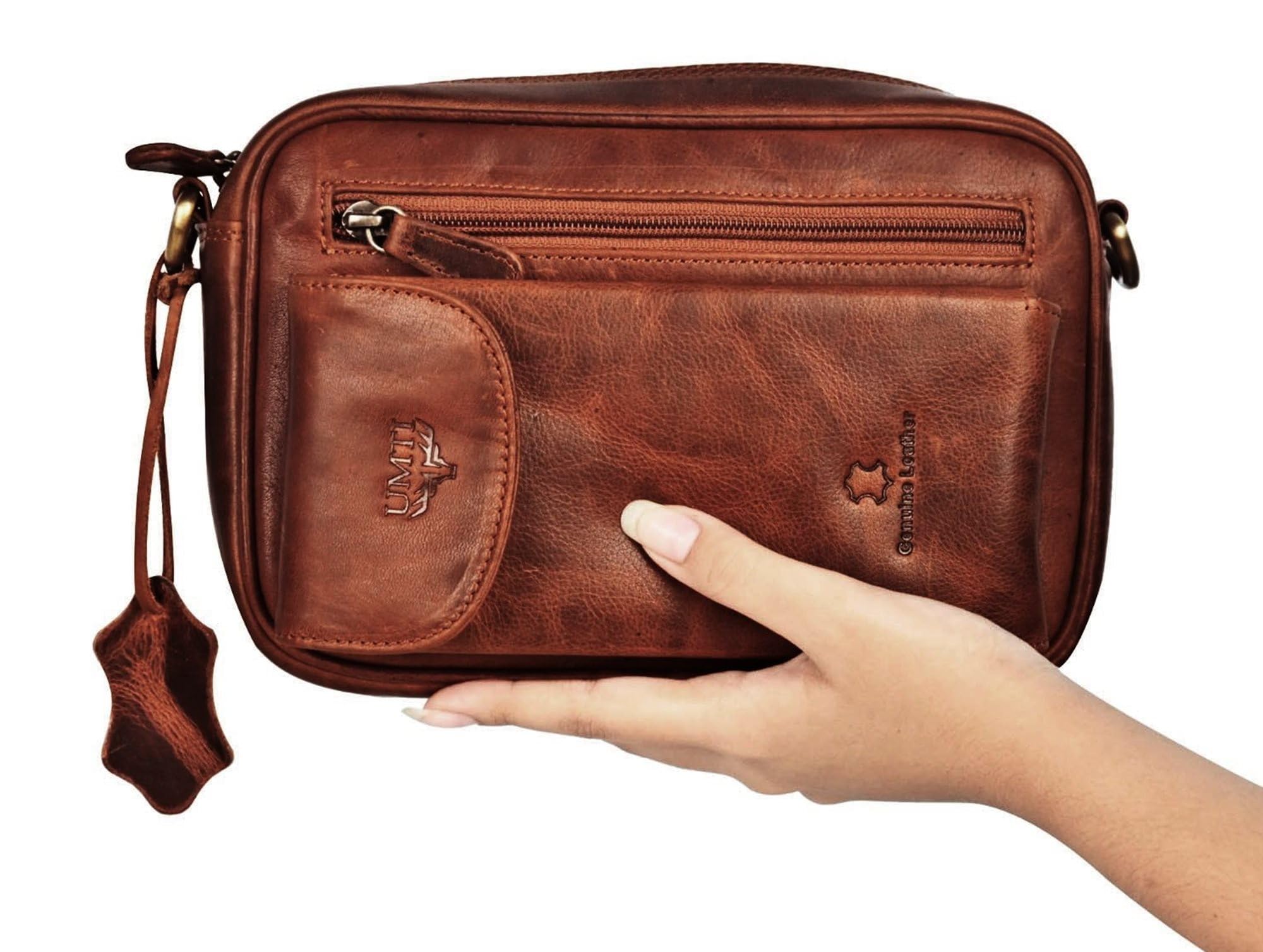 Leder Handgelenktasche für Unisex aus Rindleder 21- (147A) Herrentasche echtes Leder Tasche Bag Neu Farbe Cognac
