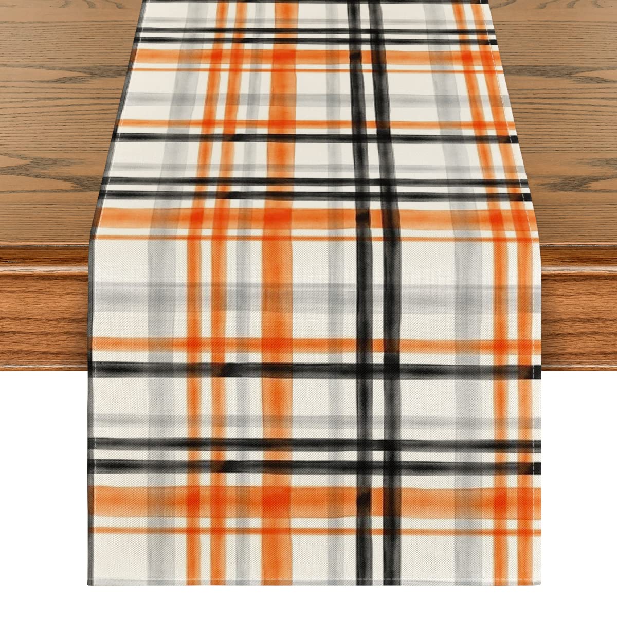Artoid Mode Orange Black Buffalo Plaid Fall Table Runner, Halloween Kitchen Dining Table Decoration for Outdoor Home Party 13x108 Inch