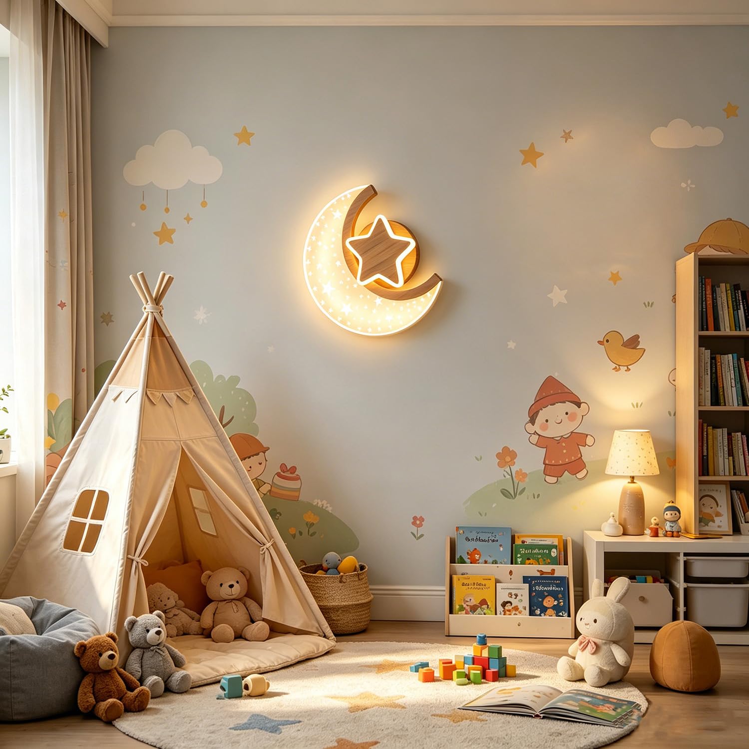 EOEO LED Mond Stern Wandleuchte Innen 12W Kinderzimmer Wandlampe aus Aluminium in Holzoptik 3000K/4000K/6000K Wand Nachttischlampe Junge Mädchen Kinder Wandbeleuchtung für Schlafzimmer Babyzimmer
