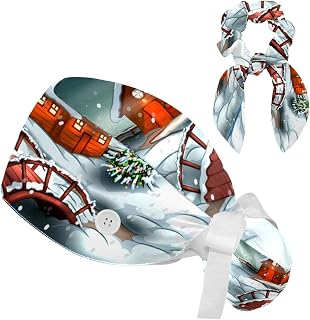 FVQL 2 Pieces Surgical Cap for Long Hair Scrub Cap with Hairband Nurse Cap, Winter Pattern Christmas Tree Snow