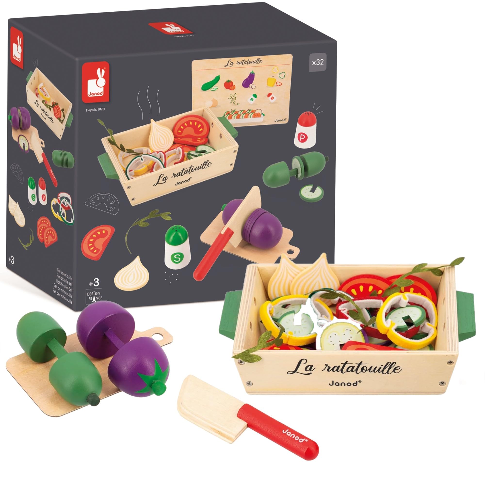 Janod - Ratatouille Set - 32 Kitchen Accessories - Includes the Recipe + Utensil + Vegetables - Pretend Play Toy - FSC Wooden Toy - 3 Years +, J06626