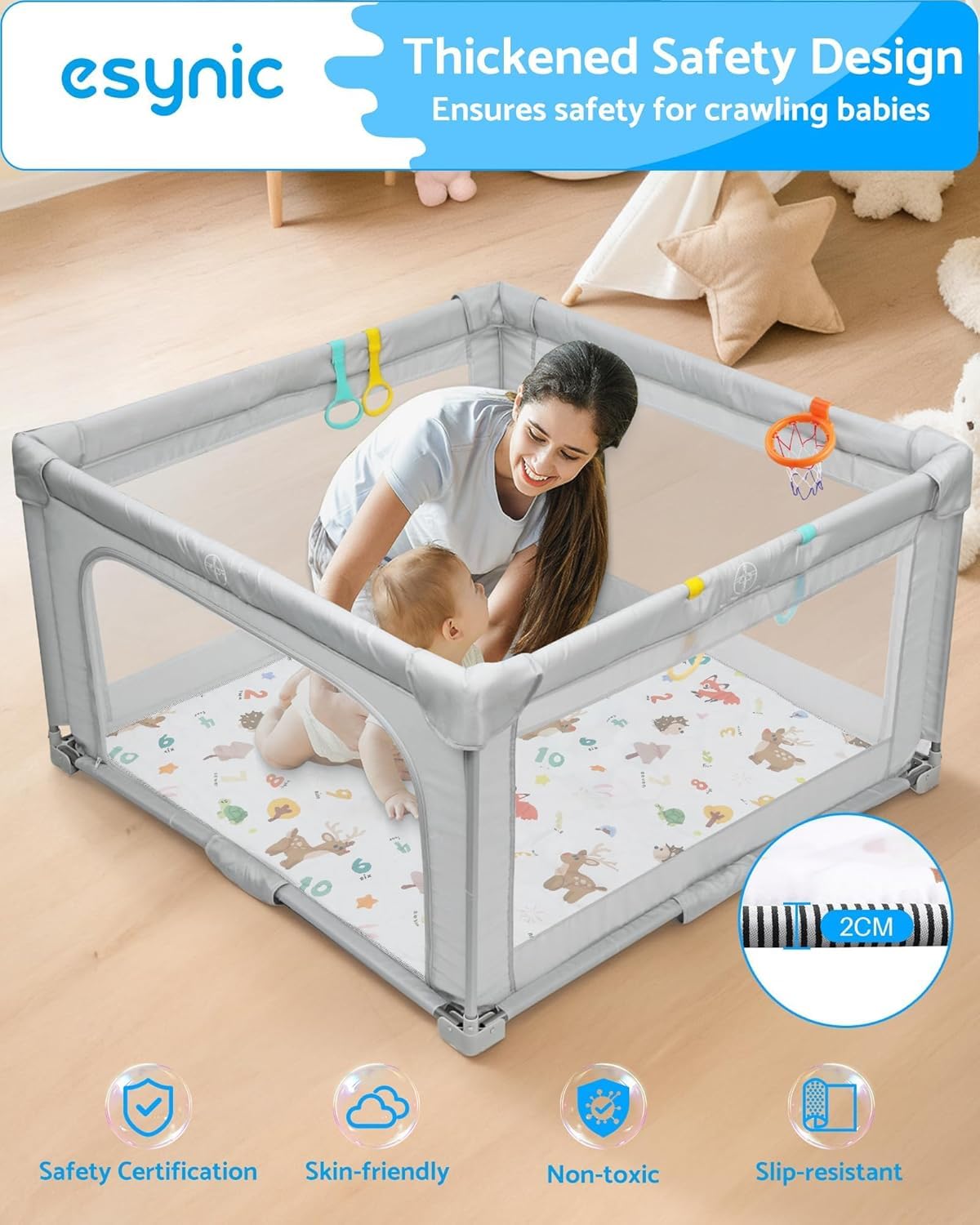 eSynic Foldable Baby Play Mat 150×150cm Sichere Krabbelmatte Rutschfeste Krabbelmatte für Babys 6-12 Monate & Kleinkinder Waschbar & Tragbar Spielmatte mit Tier-& Zahlenmotiven Indoor & Outdoor