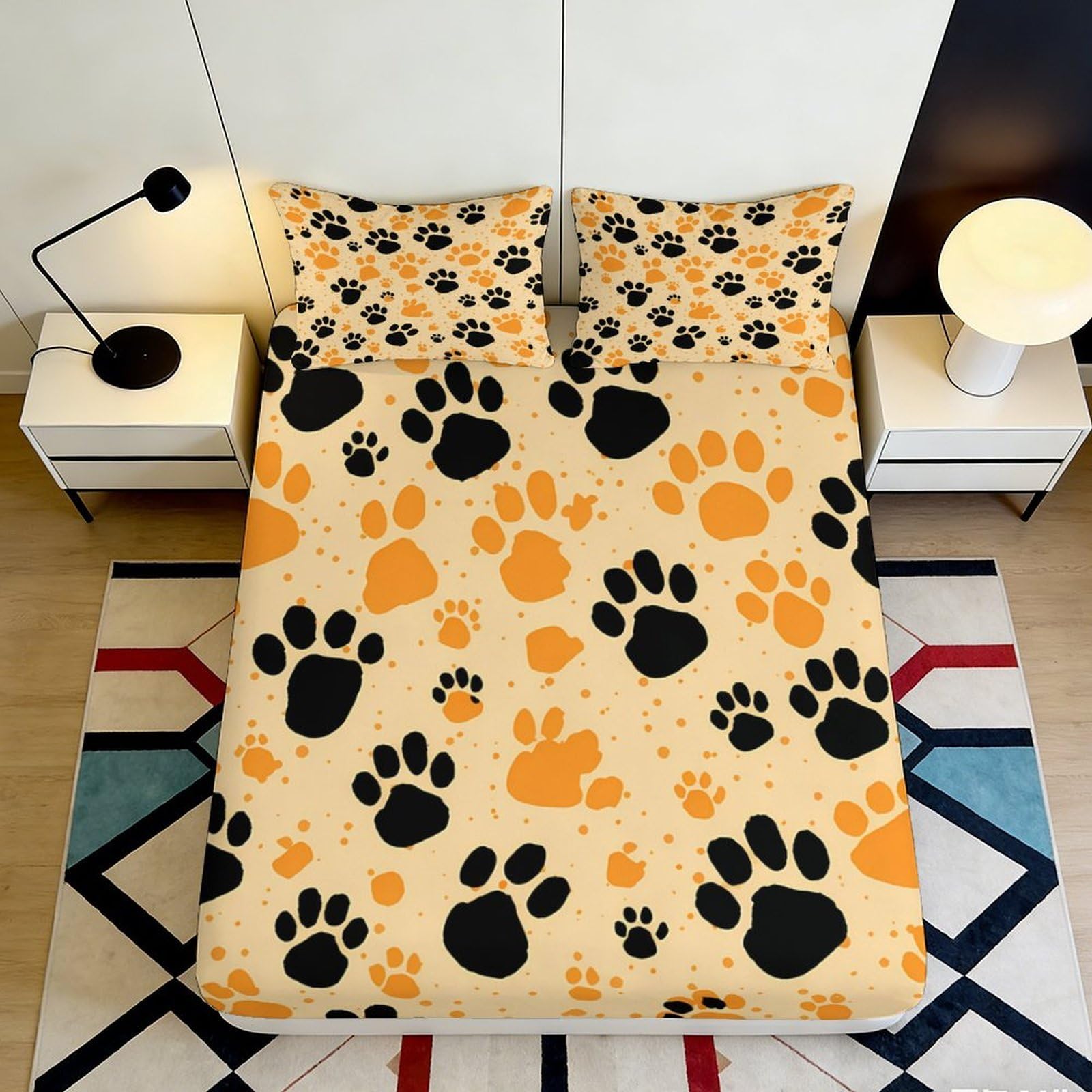 3D Printed Animal Paw Fitted Sheet Microfiber Soft Orange Black Dog Cat Mattress Cover for Bedroom Dorm Decor 140x200x25cm