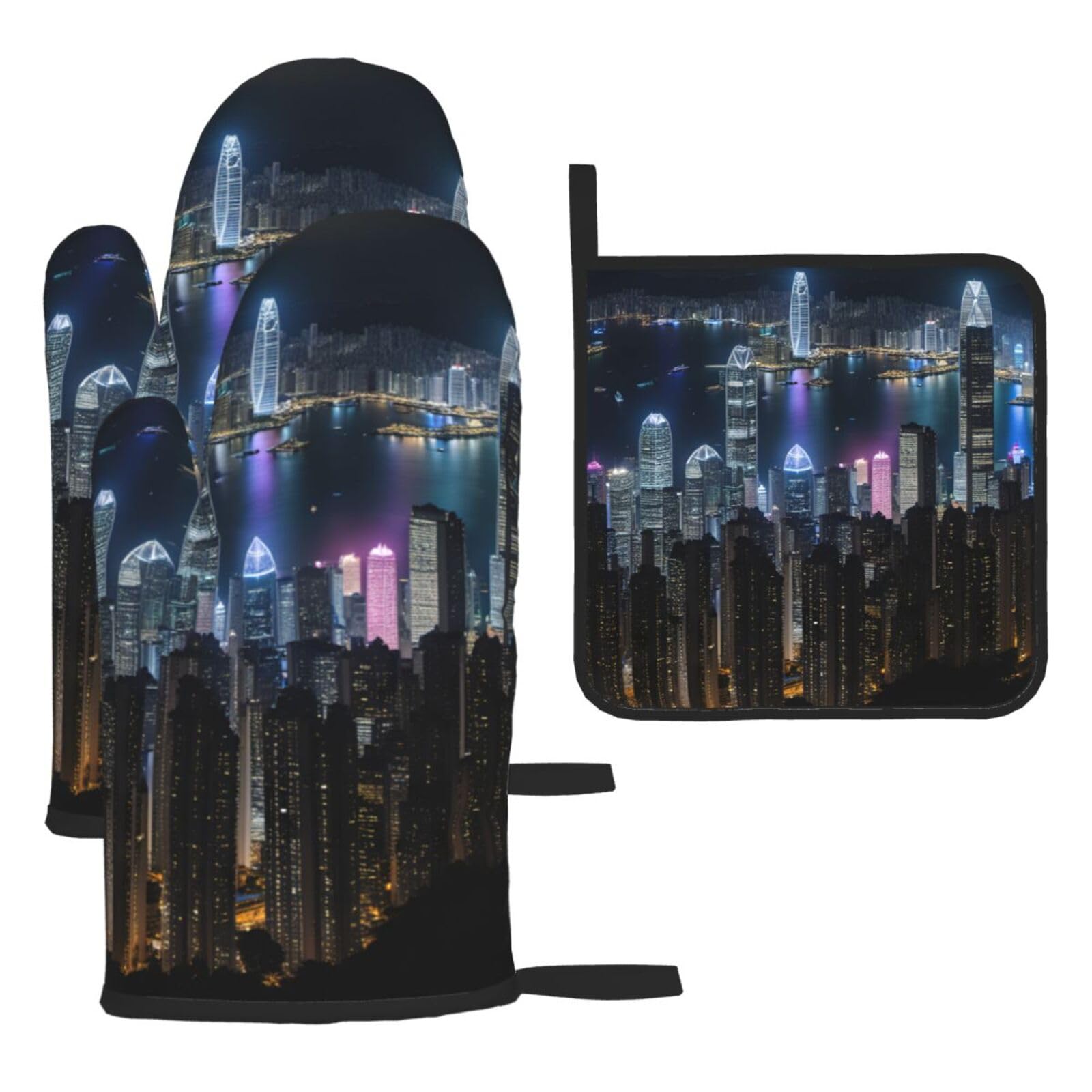Yyoretp Black Aerial Night Of View Hong Kong Print Oven Mitts And Potholders Bbq Gloves-Oven Mitts And Pot Holders For Cooking Baking
