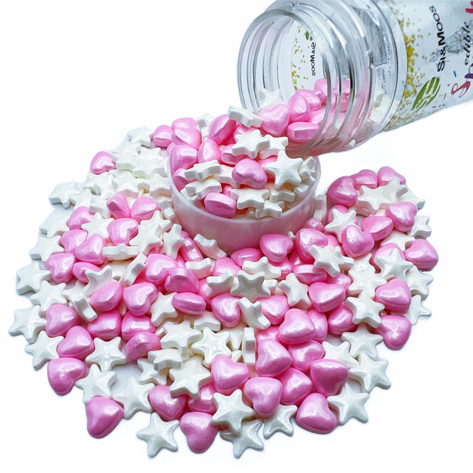 SE Si&Moos Star and Heart Sprinkles Pink Heart Sprinkles Edible White Stars Valentines Sprinkles White and Pink Sprinkles for Cake Decorations, Baking, Ice Cream, Cookies, Cupcake Toppers 3 OZ