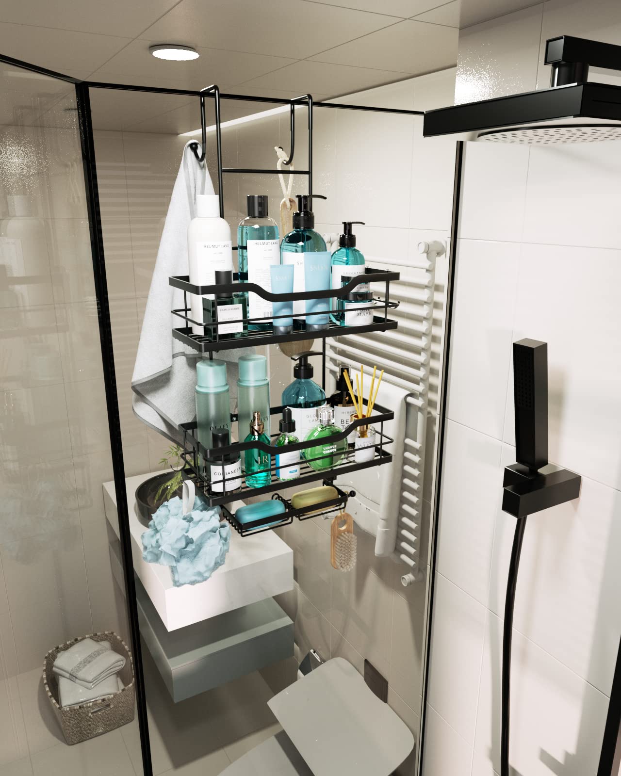 Consumest 3-Tier Hanging Shower Caddy Over the Door, Large Capacity Hanging Shower Organizer With Double Soap Holder & 8 Hooks Stainless Steel No Drilling Over Door Shower Shelf for Bathroom, Black