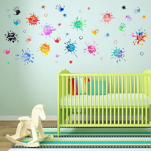 Miniatura 8 de 3 hojas coloridas de huellas de manos salpicadas de pintura, citas inspiradoras, calcomanías de pared extraíbles de vinilo para despegar y pegar,