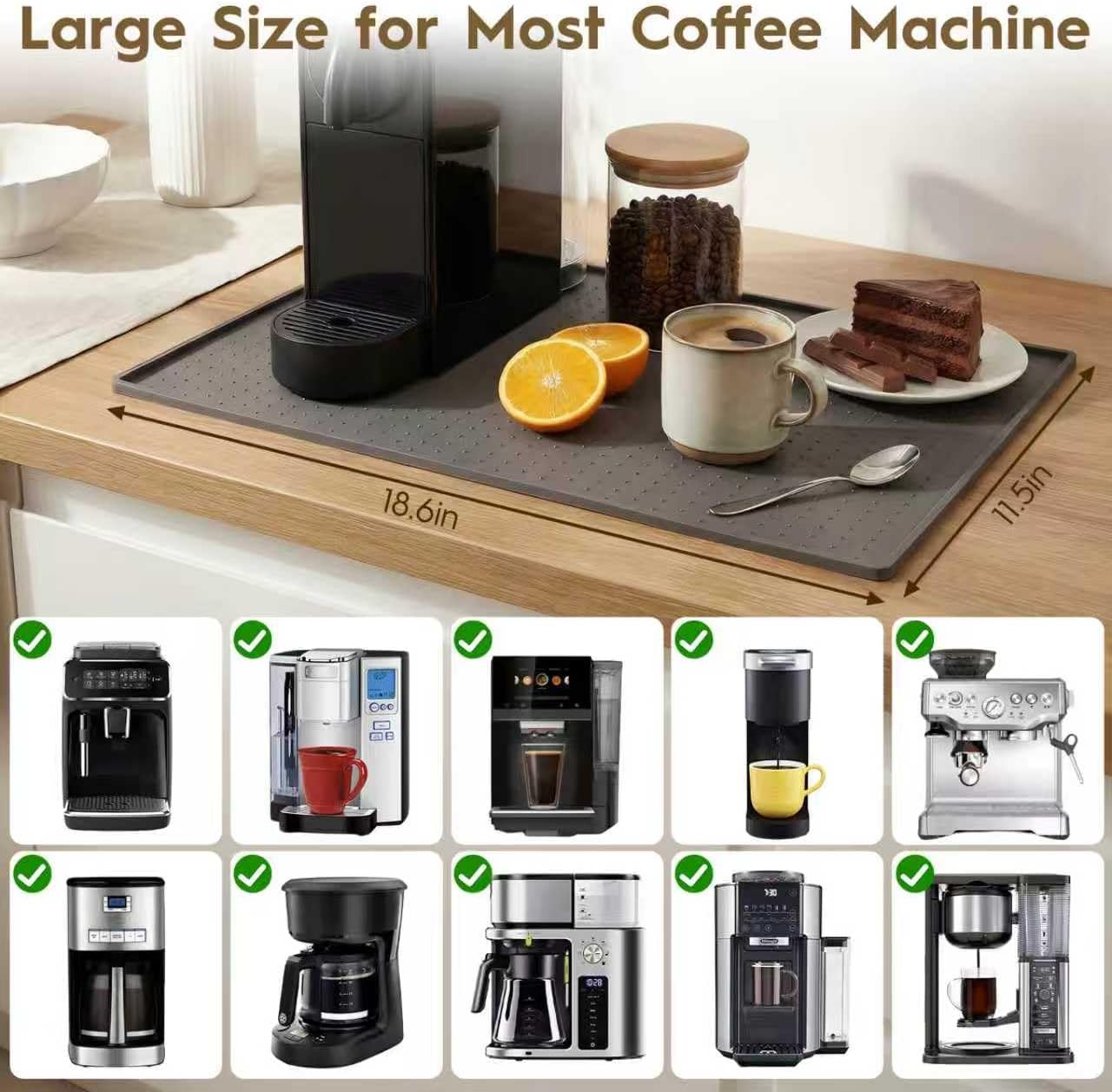 Coffee Mat with Raised Edges, 10”x14” Silicone Bar Mats for Counter, Heat Resistant Accessories Mat Keep Kitchen Counters Clean & Drying, Espresso Machine Coffee Bar Mats for Countertop, Grey