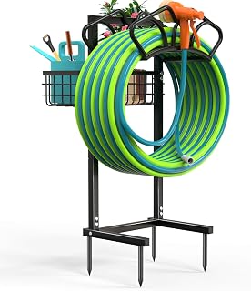 Qatsrin Upgraded Heavy Duty Garden Hose Holder with Large Basket - Supports 160ft Hoses, Freestanding Rust-Proof Stand for Yard & Lawn