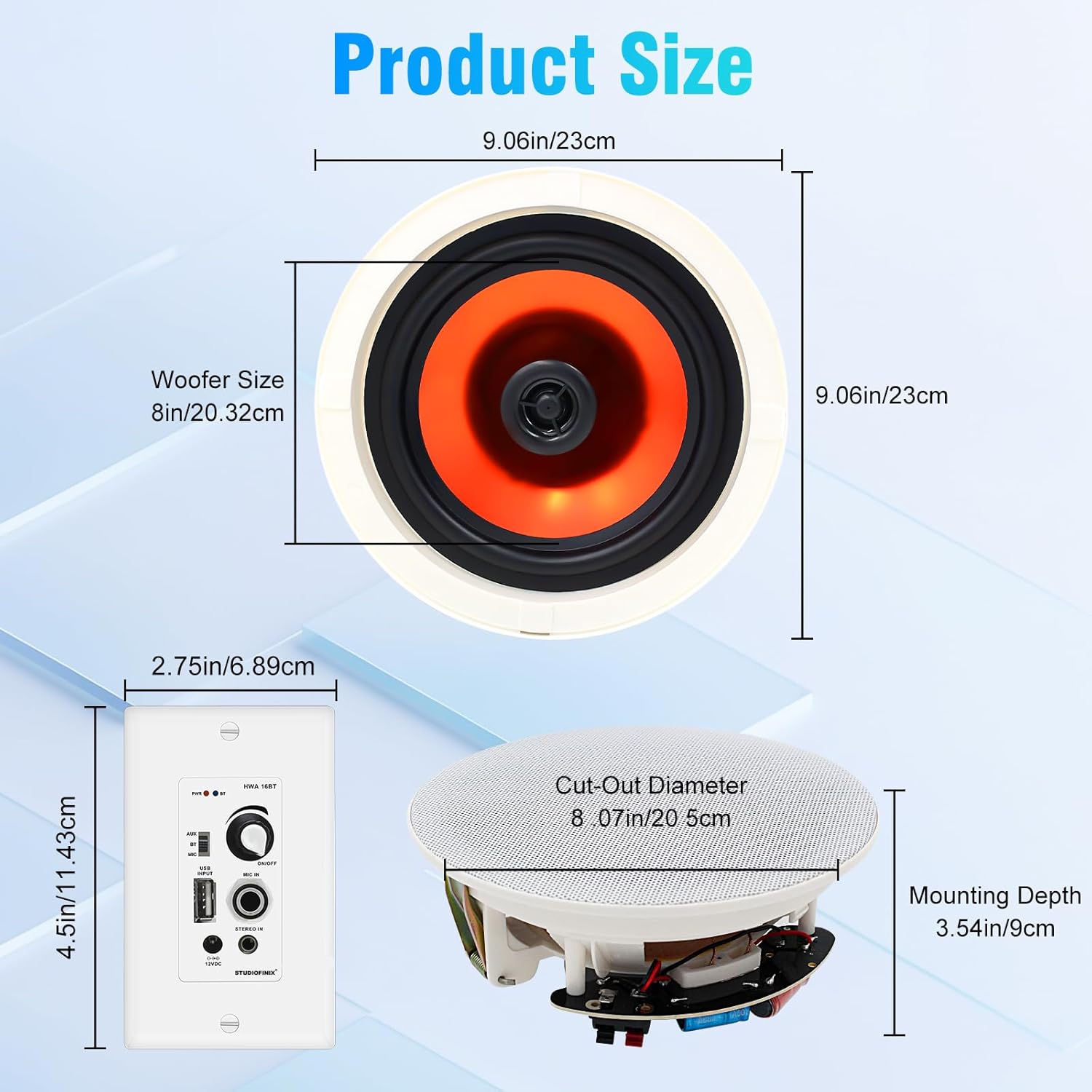 STUDIOFINIX 8-Inch Bluetooth Ceiling Speaker System with A 2-Channel Wall Amplifier,400W Max Power Output Pair - Perfect for Clear Sound in Living Room, Office, Kitchen, Basement & Covered Patio
