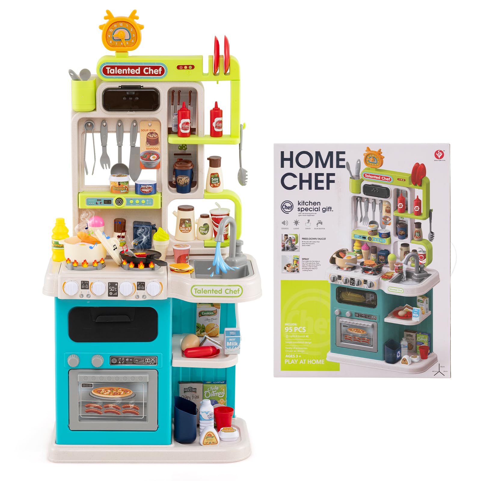 COSTWAY Kinderküche mit 95 Zubehör, Spielküche mit Licht, Sound & Dampf, Kinder Küche mit Kochherd, Spüle & Wasserfunktion, Puppenküche, Spielzeugküche für Kinder ab 3 Jahren (Blau)