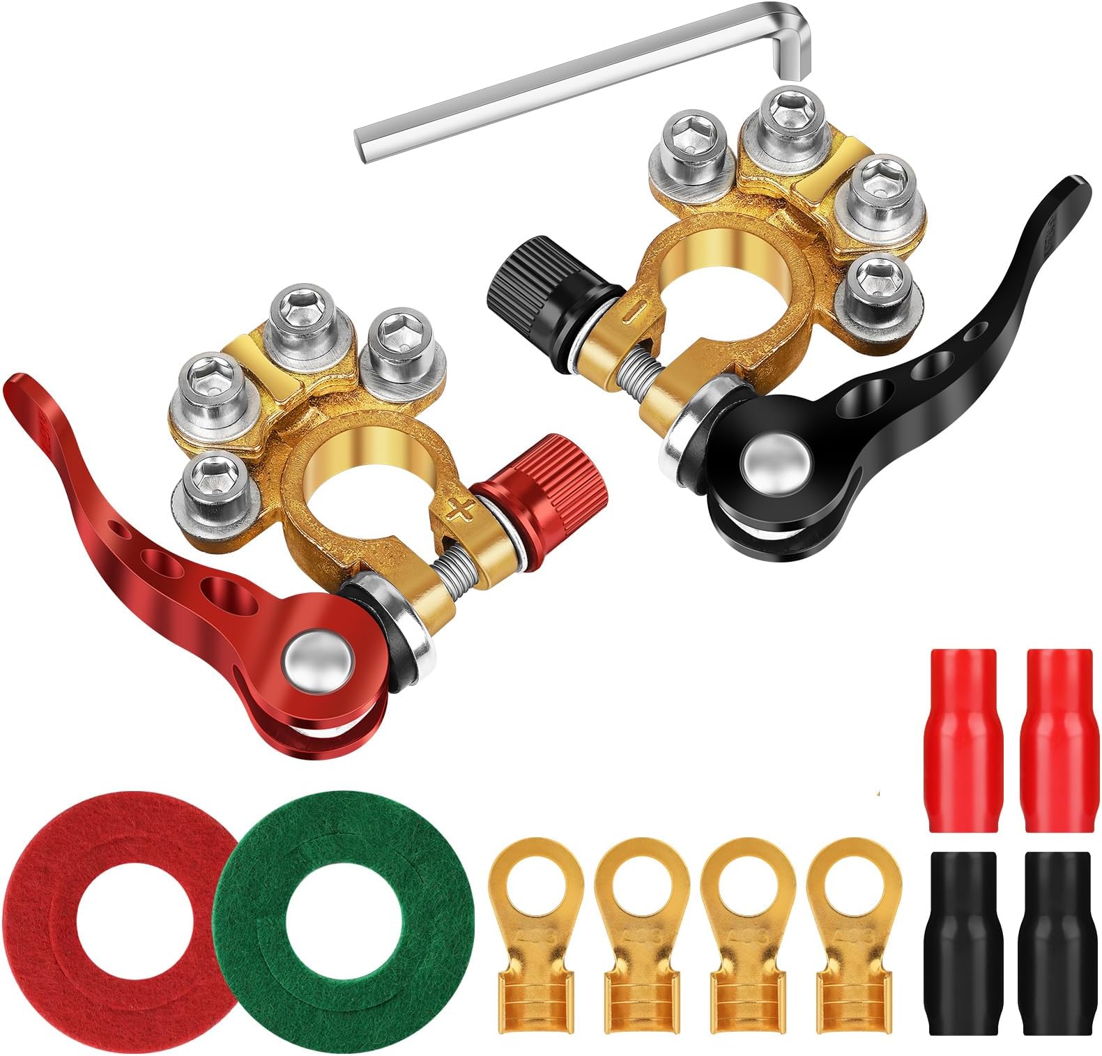 Battery terminal connectors 1 pair made of pure copper, 4 Way Quick Release Disconnect Battery Terminals, suitable for SAE/JIS A-pillars, cars, caravans, trucks, boats and solar equipment.