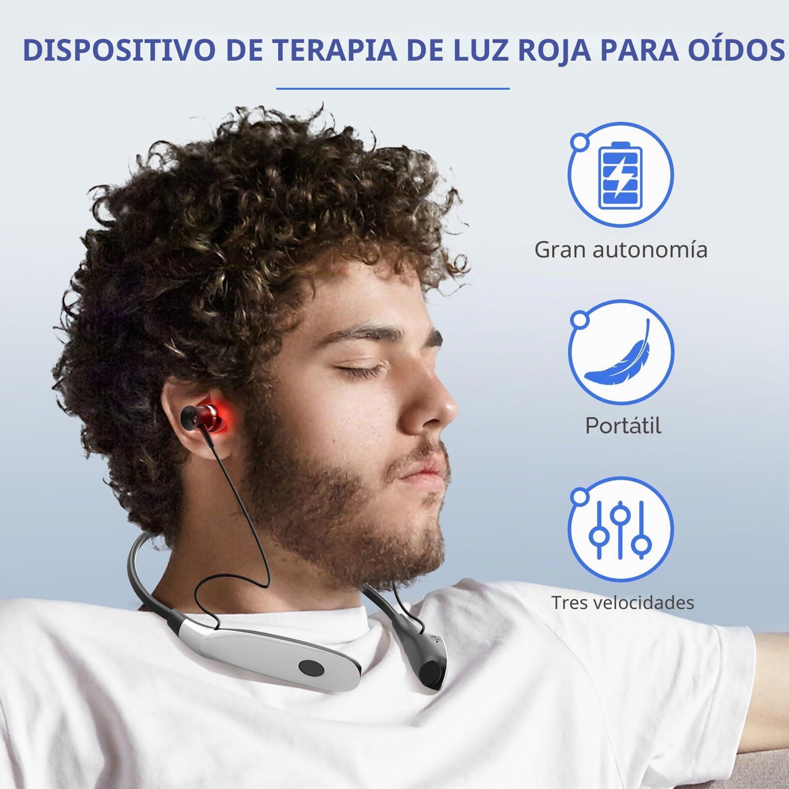 Terapia de luz roja para oídos, dispositivo de terapia de luz roja 2 en 1, dispositivo portátil de alivio de tinnitus de luz roja con tres pares de tapones para los oídos