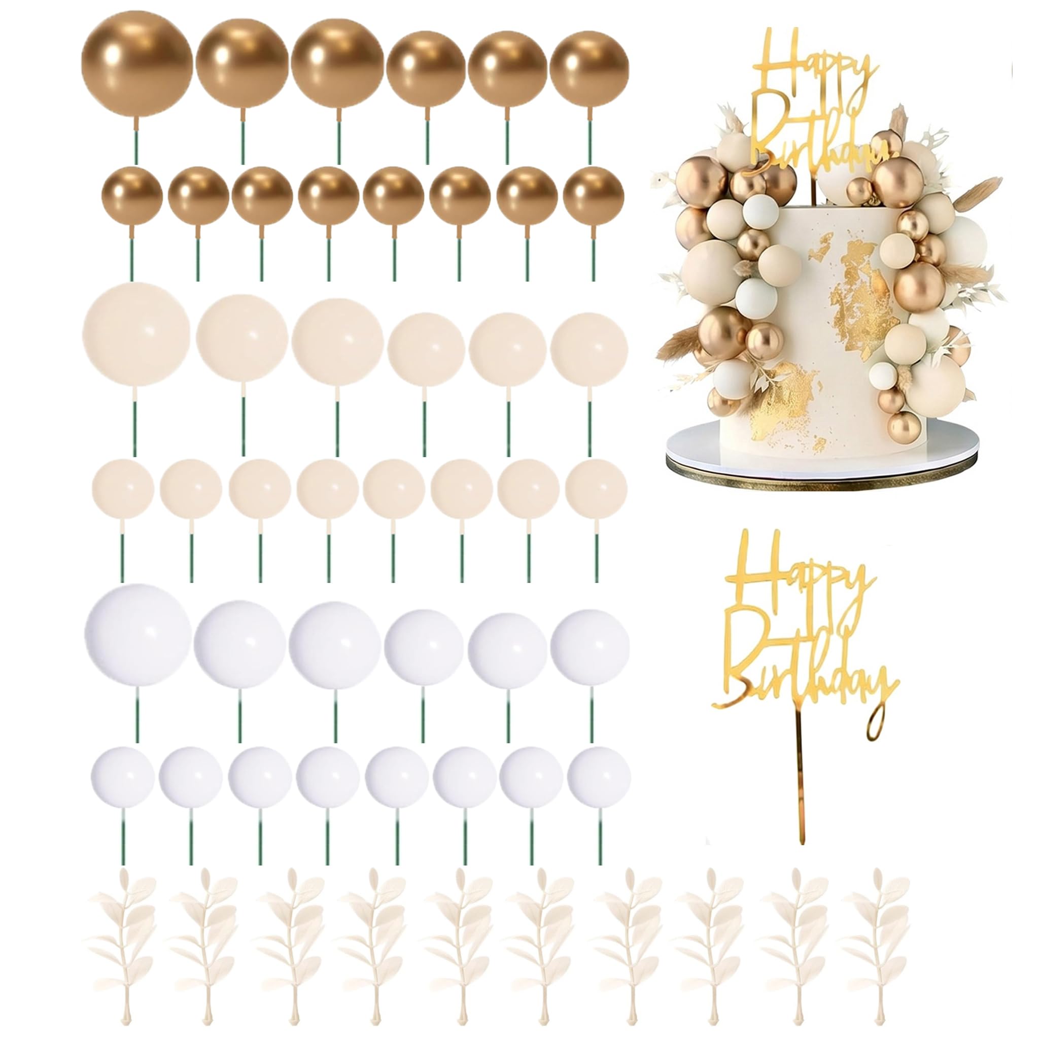 Boho Cake Decorations, 53 Pcs Cake Decorating, White Gold Ball Cakes Toppers Balloon Cakes Cupcake Topper for Birthday Wedding Party Decor
